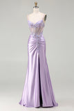 Sparkly Light Purple Mermaid Seuqin Ruched Long Prom Dress with Slit