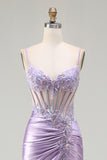 Sparkly Light Purple Mermaid Seuqin Ruched Long Prom Dress with Slit