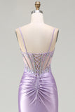 Sparkly Light Purple Mermaid Seuqin Ruched Long Prom Dress with Slit