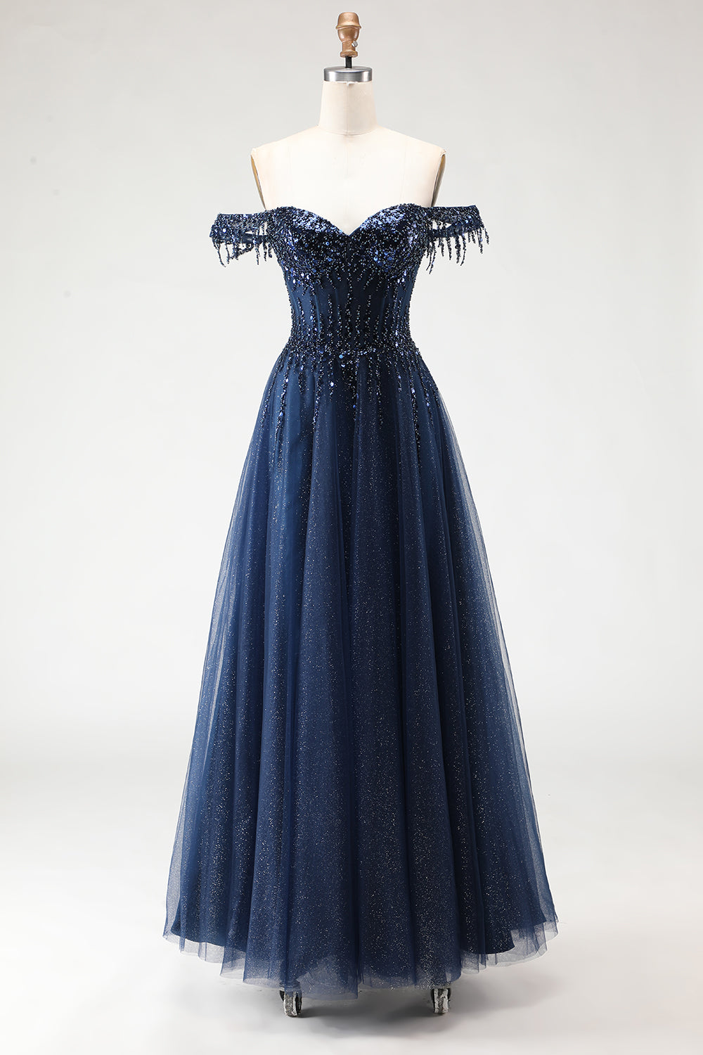 Zapaka Women Glitter Navy Long Prom Dress Off the Shoulder A Line Beaded Corset Formal Dress ZAPAKA Zapaka Women Glitter Navy Long Prom Dress Off the Shoulder A Line Beaded Corset Formal Dress ZAPAKA