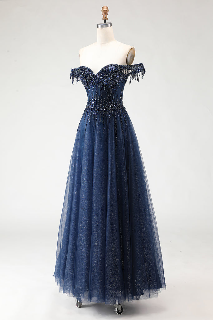 Zapaka Women Glitter Navy Long Prom Dress Off the Shoulder A Line ...