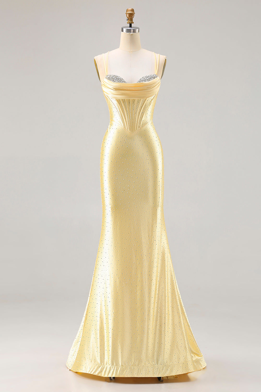 light yellow mermaid prom dress Yellow Spaghetti Straps Mermaid Satin Formal Prom Dress Yellow / 6