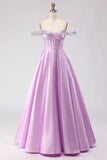 Off The Shoulder Light Purple A-Line Beaded Corset Long Prom Dress