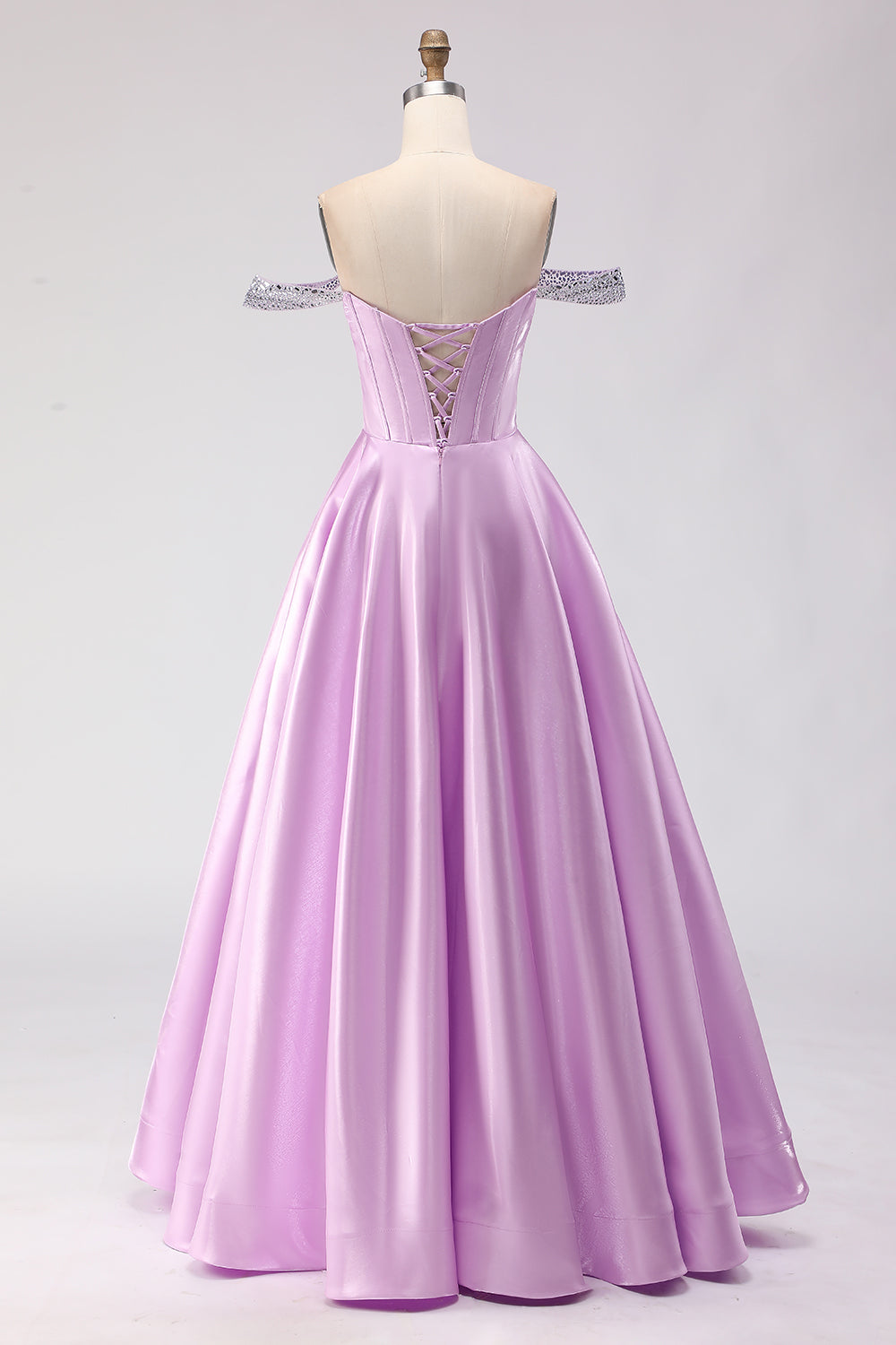 Zapaka Women Light Purple Long Prom Dress A-Line Off The Shoulder Beaded Corset Satin Formal Dress with Lace Up Back, Light Purple / US12 Zapaka Women Light Purple Long Prom Dress A-Line Off The Shoulder Beaded Corset Satin Formal Dress with Lace Up Back, Light Purple / US12