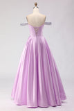 Off The Shoulder Light Purple A-Line Beaded Corset Long Prom Dress