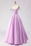 Off The Shoulder Light Purple A-Line Beaded Corset Long Prom Dress