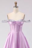 Off The Shoulder Light Purple A-Line Beaded Corset Long Prom Dress