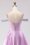 Off The Shoulder Light Purple A-Line Beaded Corset Long Prom Dress