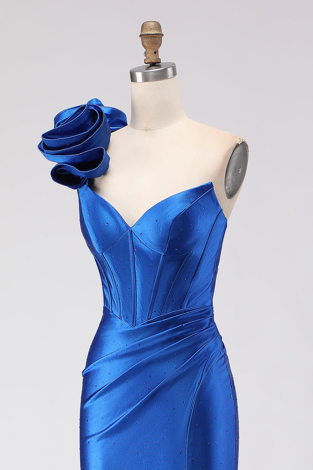 Zapaka Women Royal Blue One Shoulder Long Prom Dress with Slit Mermaid Beaded Satin Corset Ruched Formal Dress ZAPAKA Zapaka Women Royal Blue One Shoulder Long Prom Dress with Slit Mermaid Beaded Satin Corset Ruched Formal Dress ZAPAKA
