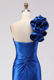 Royal Blue One Shoulder Beaded Mermaid Corset Long Prom Dress with Slit