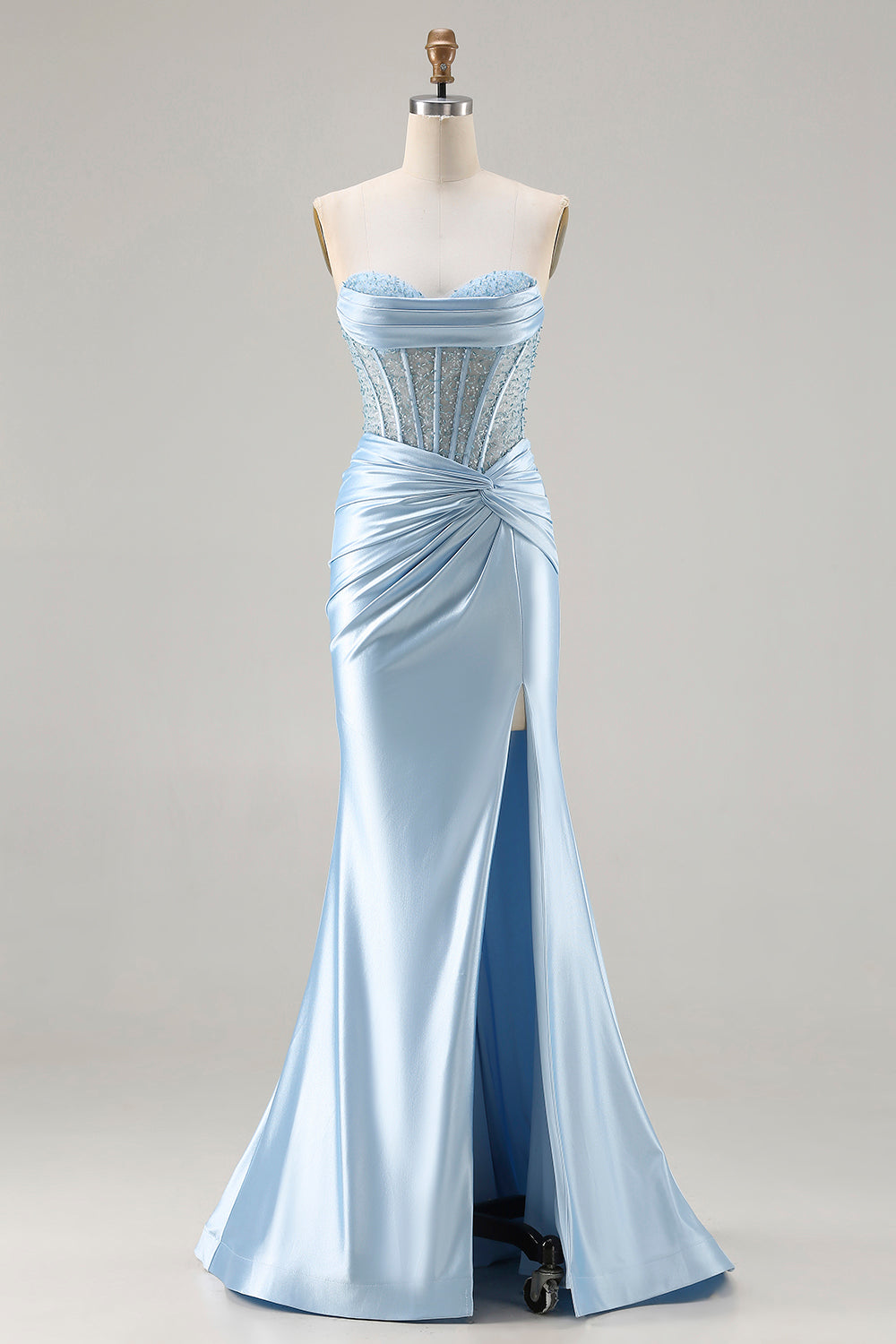 Zapaka Women Sky Blue Strapless Long Prom Dress with Slit Mermaid Beaded Corset Ruched Satin Formal Dress, Sky Blue / US16 Zapaka Women Sky Blue Strapless Long Prom Dress with Slit Mermaid Beaded Corset Ruched Satin Formal Dress, Sky Blue / US16