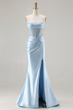 Strapless Mermaid Sky Blue Corset Beaded Long Prom Dress with Slit