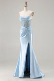 Strapless Mermaid Sky Blue Corset Beaded Long Prom Dress with Slit