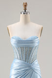 Strapless Mermaid Sky Blue Corset Beaded Long Prom Dress with Slit