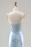 Strapless Mermaid Sky Blue Corset Beaded Long Prom Dress with Slit