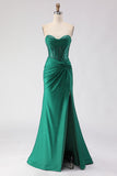 Glitter Dark Green Sweetheart Mermaid Beaded Corset Long Prom Dress with Slit