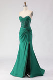 Glitter Dark Green Sweetheart Mermaid Beaded Corset Long Prom Dress with Slit