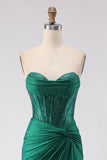Glitter Dark Green Sweetheart Mermaid Beaded Corset Long Prom Dress with Slit