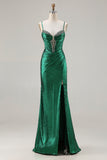 Metallic Dark Green Beaded Corset Mermaid Long Prom Dress with Slit