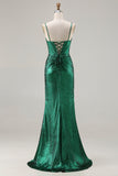 Metallic Dark Green Beaded Corset Mermaid Long Prom Dress with Slit