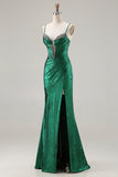 Metallic Dark Green Beaded Corset Mermaid Long Prom Dress with Slit
