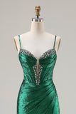 Metallic Dark Green Beaded Corset Mermaid Long Prom Dress with Slit