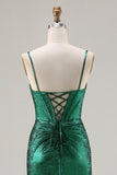 Metallic Dark Green Beaded Corset Mermaid Long Prom Dress with Slit