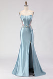 Grey Blue Mermaid Corset Beaded Lace Up Back Long Prom Dress with Slit