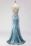 Grey Blue Mermaid Corset Beaded Lace Up Back Long Prom Dress with Slit