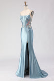 Grey Blue Mermaid Corset Beaded Lace Up Back Long Prom Dress with Slit