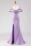 Off The Shoulder Mermaid Purple Corset Beaded Long Prom Dress with Slit