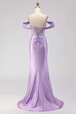Off The Shoulder Mermaid Purple Corset Beaded Long Prom Dress with Slit