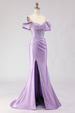 Off The Shoulder Mermaid Purple Corset Beaded Long Prom Dress with Slit