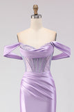 Off The Shoulder Mermaid Purple Corset Beaded Long Prom Dress with Slit