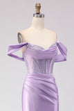 Off The Shoulder Mermaid Purple Corset Beaded Long Prom Dress with Slit