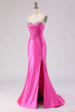 Sweetheart Fuchsia Mermaid Corset Beaded Long Prom Dress with Slit