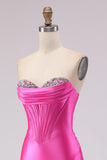 Sweetheart Fuchsia Mermaid Corset Beaded Long Prom Dress with Slit