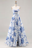 Blue Floral Strapless A-Line Corset Lace Up Back Long Prom Dress with Slit
