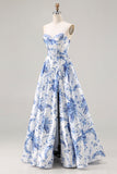 Blue Floral Strapless A-Line Corset Lace Up Back Long Prom Dress with Slit