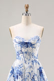 Blue Floral Strapless A-Line Corset Lace Up Back Long Prom Dress with Slit