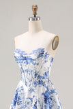 Blue Floral Strapless A-Line Corset Lace Up Back Long Prom Dress with Slit