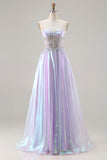 Sparkly Strapless Purple A-Line Corset Lace Up Back Long Prom Dress with Appliques
