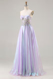 Sparkly Strapless Purple A-Line Corset Lace Up Back Long Prom Dress with Appliques