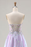 Sparkly Strapless Purple A-Line Corset Lace Up Back Long Prom Dress with Appliques