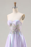 Sparkly Strapless Purple A-Line Corset Lace Up Back Long Prom Dress with Appliques