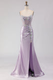 Strapless Mermaid Corset Light Purple Beaded Long Prom Dress with Slit