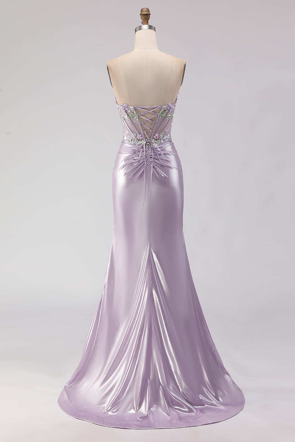Zapaka Women Light Purple Long Prom Dress with Slit Strapless Mermaid Corset Appliqued Lace Up Back Party Dress with Beading, Light Purple / US18W
