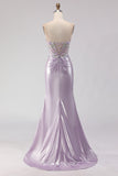 Strapless Mermaid Corset Light Purple Beaded Long Prom Dress with Slit