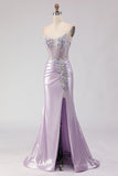 Strapless Mermaid Corset Light Purple Beaded Long Prom Dress with Slit