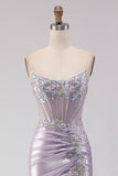 Strapless Mermaid Corset Light Purple Beaded Long Prom Dress with Slit